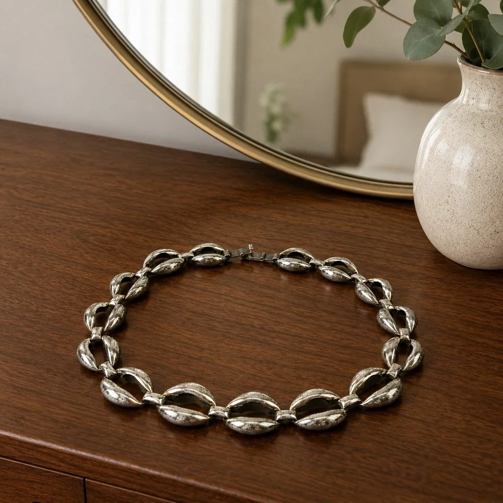 Vintage Danecraft Sterling Silver Modernist Link Necklace 44g Mid Century